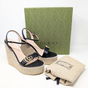 NIB NEW Gucci Aitana GG Marmont Black Wedge Platform Espadrille Sandals Size 42